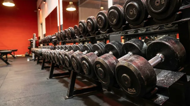 Dumbbell rack with full range of heavy dumbbells