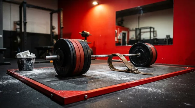 Dedicated deadlift platform with loaded barbell and chalk