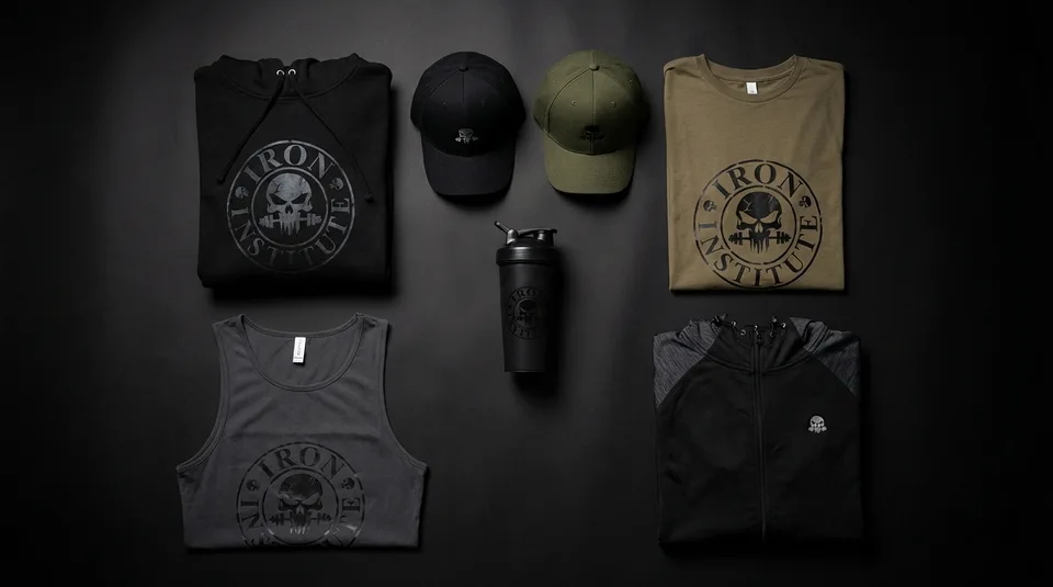 Iron Institute merchandise - hoodie, t-shirt, vest, jacket, caps, and shaker