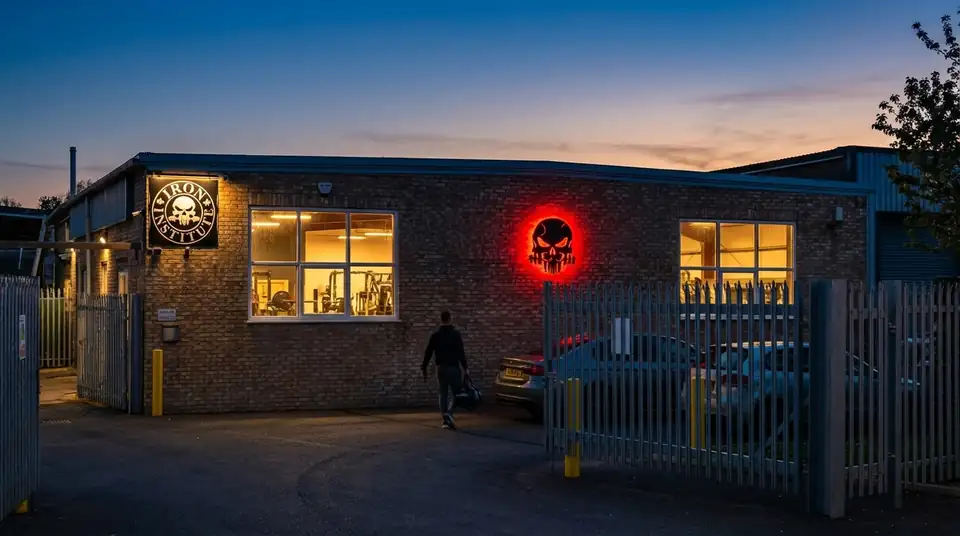 Iron Institute gym building at dusk with red glowing skull